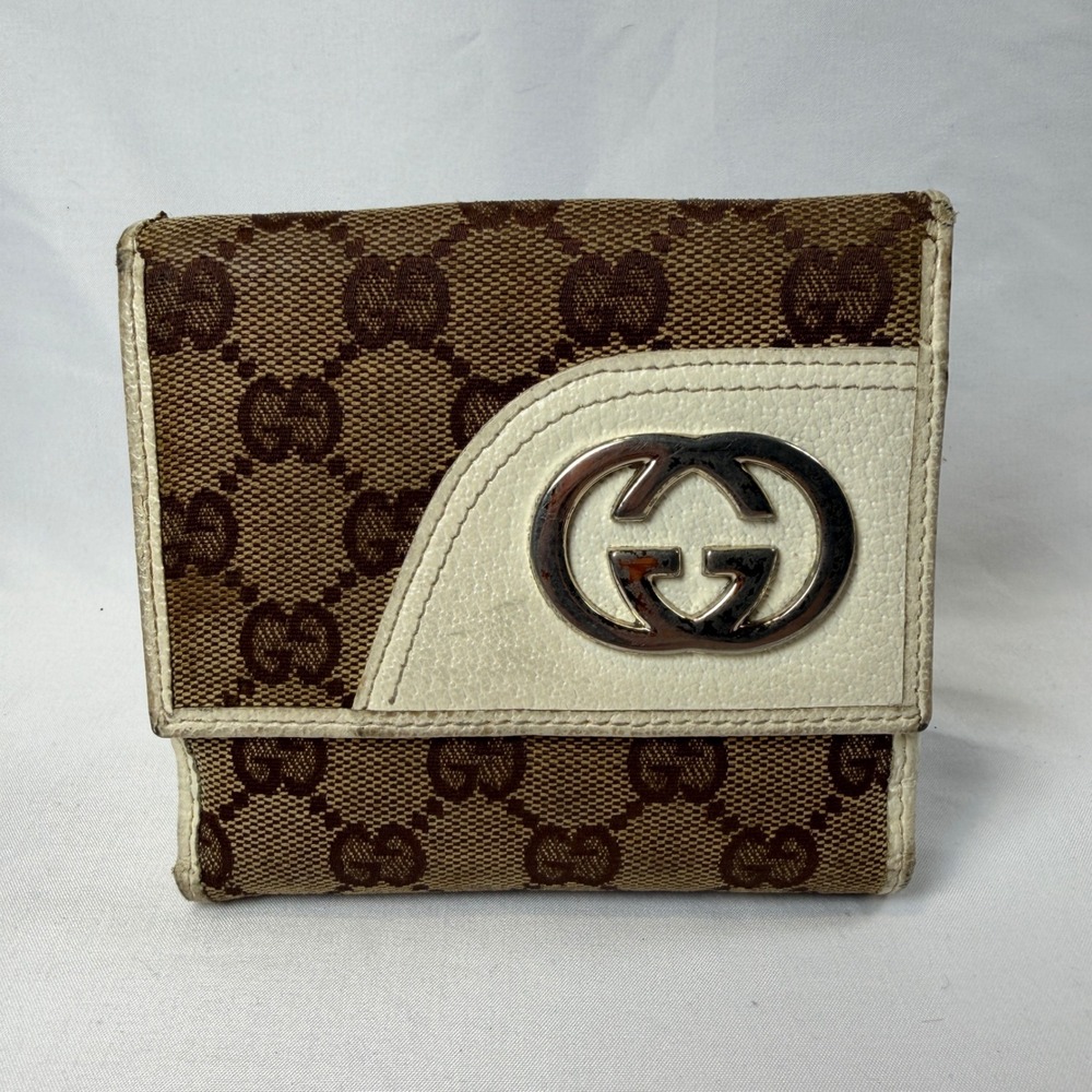 Gucci Wallet Womens Small Brown GG Monogram Canvas Interlocking G Bifold White